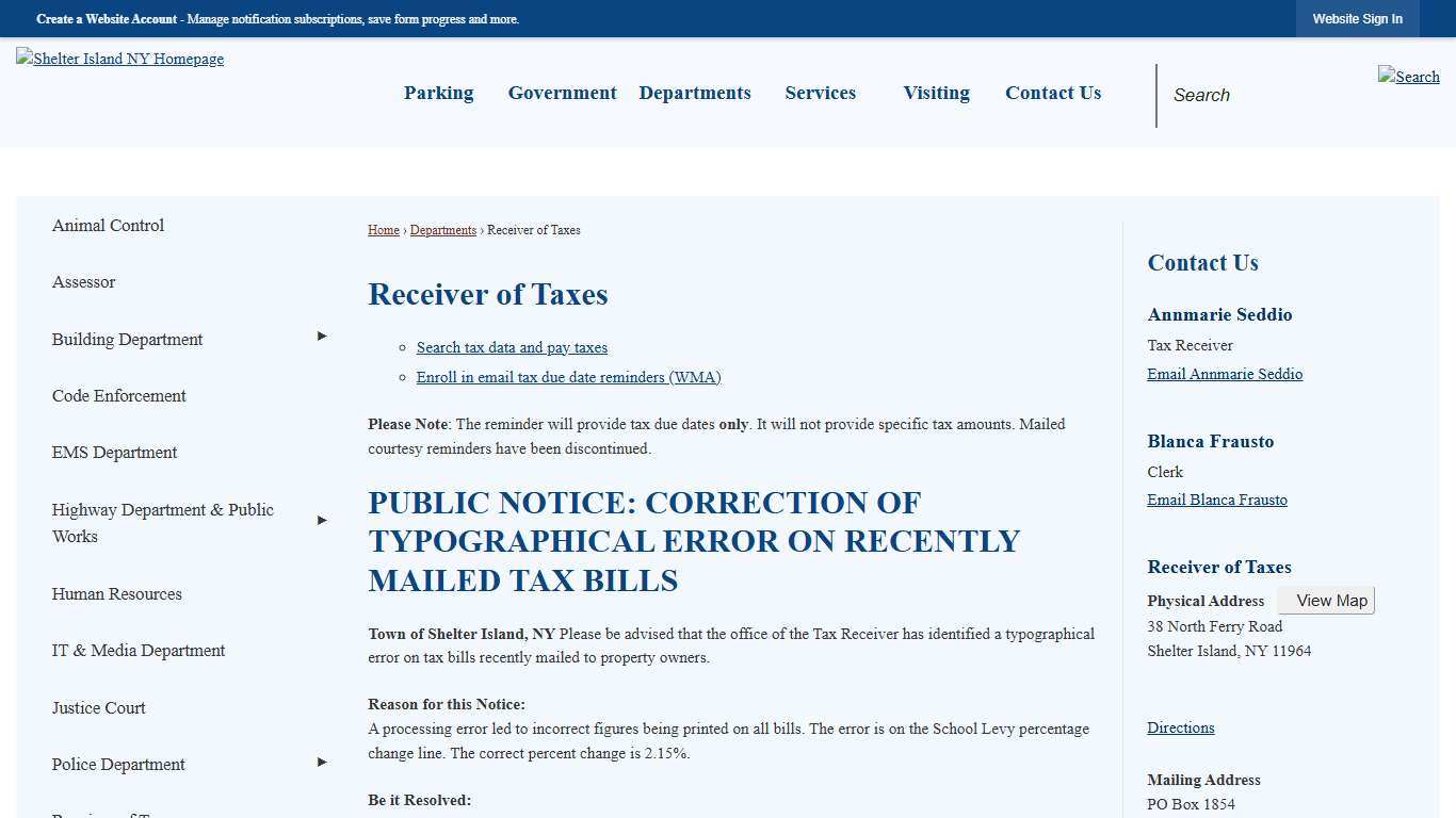 Receiver of Taxes | Shelter Island, NY